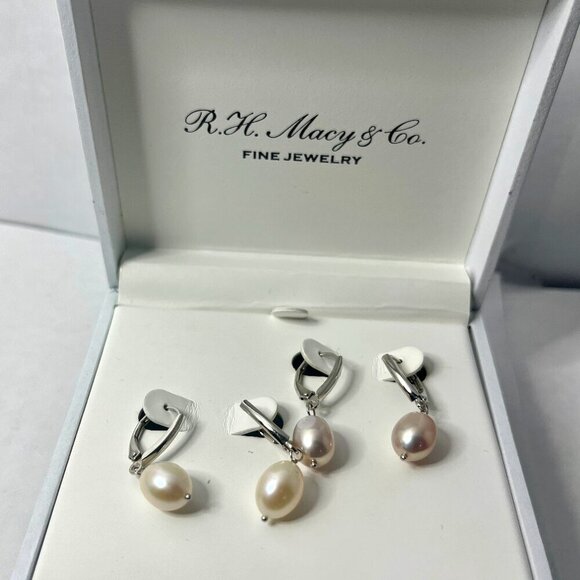R. H. Macy & Co. Fine Jewelry Earring Set 2 Pairs Pearl Sterling Silver NIB - Picture 1 of 3